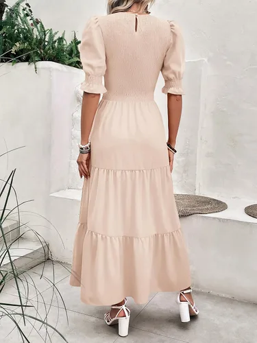 Miniatura 37 de BTFBM Vestidos para mujer, cuello redondo, casual, de verano, con volantes, manga corta, bohemio, con niveles, fruncido, largo, con estampado floral