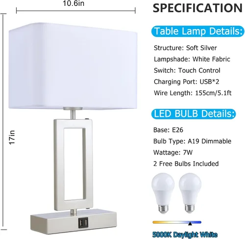 Miniatura 4 de BrightWe Juego de 2 lámparas de mesa para dormitorio, lámparas de mesa de control táctil con 2 puertos USB, lámparas de mesita de noche regulables