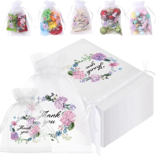 Miniatura 8 de 100 bolsas de organza transparente, pequeñas bolsas de malla floral con cordón a granel, bolsa de regalo para dulces, bolsa de regalo para baby