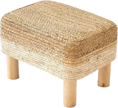 Miniatura 13 de Taburete redondo otomano natural de algas marinas, taburete de pie con 4 patas de madera, taburete redondo tejido a mano, taburete de sofá, taburete