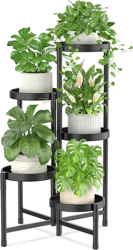 Miniatura 32 de iDavosic.ly Soporte para plantas para interiores y exteriores, estante esquinero de metal de 5 niveles, estante alto plegable para orquídeas