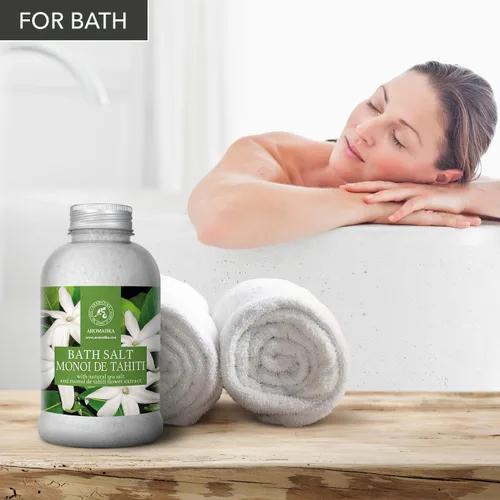 Miniatura 4 de AROMATIKA - Sal de baño Monoi de Tahiti 21.16 oz (600 g) – Aroma de flores de coco y gardenia – Baño relajante – Buen sueño – Aromaterapia – Baño