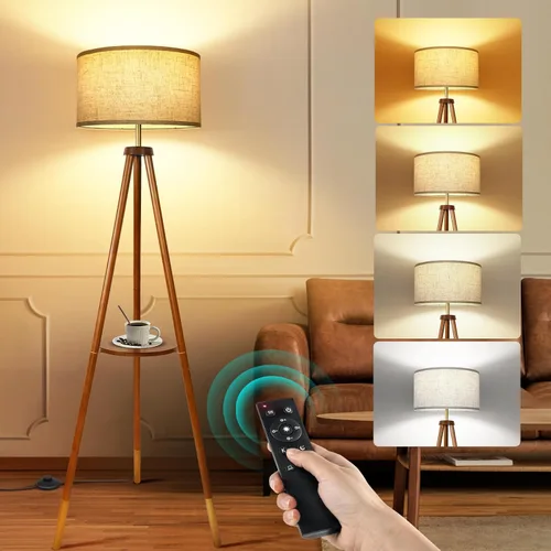 Miniatura 8 de OUTON - Lámpara de pie de trípode de madera con estantes, lámpara de pie de mediados de siglo con control remoto, 4 temperaturas de color, lámpara