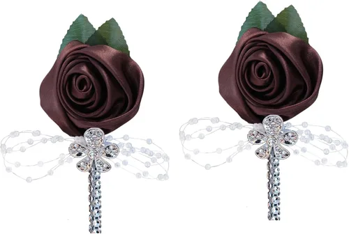 Miniatura 23 de Boutonniere de flores artificiales, paquete de 2 piezas para boda, tela de seda sintética, rosa Boutonniere para iglesia, boda, equipo, novio, Rosa