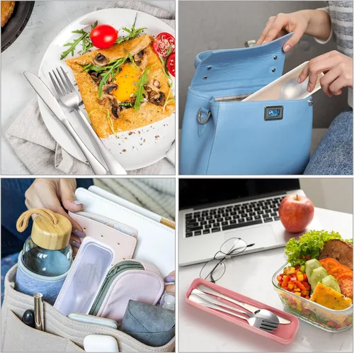 Miniatura 6 de Yinkin Juego de 4 utensilios de viaje portátiles con funda, reutilizables, cubiertos de acero inoxidable, cubiertos de campamento, incluye tenedor
