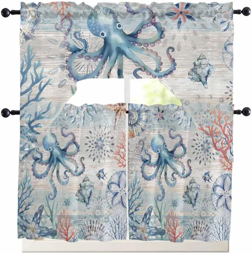 Miniatura 10 de Cortinas de cocina con cenefa de cangrejo oceánico, cenefa con bolsillo para barra, paneles de cortina para dormitorio, sala de estar, baño