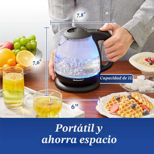 Miniatura 4 de Pava eléctrica de Elite Gourmet EKT1001, de 1,0 L, sin BPA, de 1100 W, de cristal, inalámbrica, base de 360°, elegante interior con luz LED azul