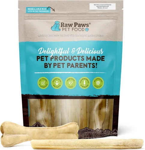 Raw Paws Huesos de cuero crudo comprimido para perros medianos (paquete de 10) – Piel natural cruda para perros medianos – Masticables de un solo