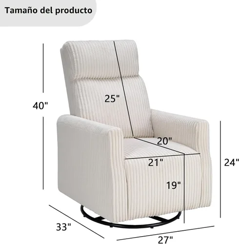 Miniatura 3 de CANMOV Silla mecedora giratoria para guardería, silla giratoria con respaldo alto y brazos, silla deslizante de pana para sala de estar, dormitorio
