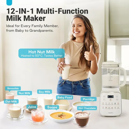 Miniatura 7 de Máquina para fabricar leche de nuez de 50.73oz: Máquina automática de leche de soja 12 en 1 con diseño desmontable, jugo casero, almendras, leches