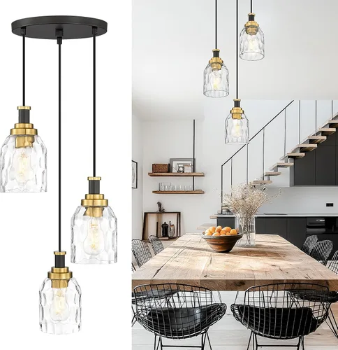 Miniatura 11 de Zeyu Lámpara Colgante Moderna de Oro, Lámpara Colgante de Vidrio de 1 Luz para Cocina y Comedor, Soporte de Vidrio Transparente, Acabado en Negro