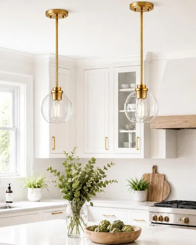 Miniatura 13 de Luces Colgantes para Isla de Cocina, 7" Luminarias Colgantes Negras y Doradas con Pantalla de Globo de Vidrio Transparente, Iluminación Moderna