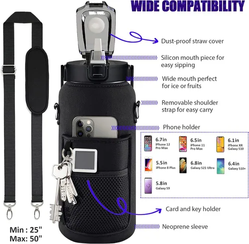 Miniatura 5 de Botella de agua de medio galón con manga, botella de agua motivacional de 64 onzas con popote y marcador de tiempo, botella de agua grande para Negro