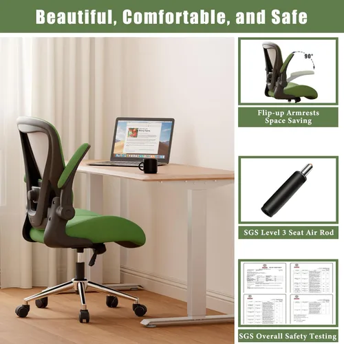 Miniatura 5 de Silla ergonómica de escritorio de oficina verde, cojín de asiento curvado grueso de tela suave con soporte lumbar ajustable, mezcla perfecta