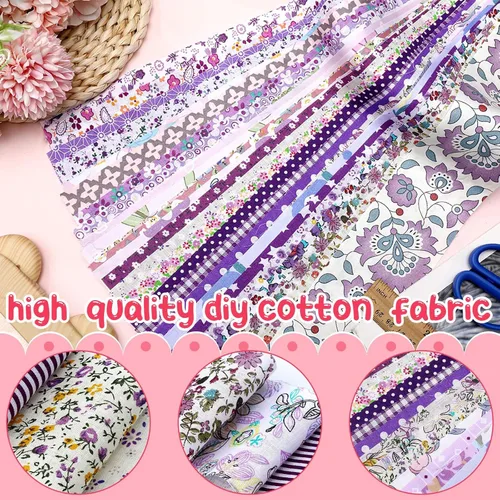 Miniatura 5 de Ganeen 100 piezas de rollo de tela para acolchado floral rosa y morado, cuadrados de tela de 2.56 pulgadas, tiras de tela de jalea precortadas