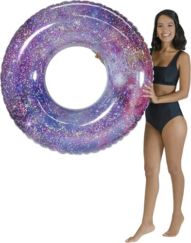 Miniatura 6 de PoolCandy Tubo de piscina Galaxy Glitter de 48 pulgadas – Anillo de natación inflable jumbo para espacio profundo con purpurina holográfica rosa