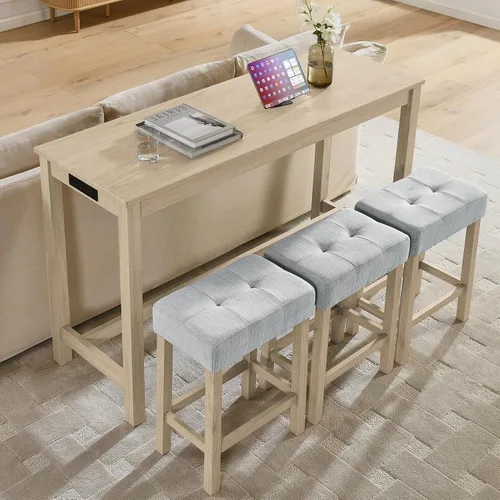 Miniatura 16 de Juego de mesa de bar industrial de 59" de 4 piezas con toma de corriente incorporada, mesa de sofá detrás del sofá con 3 taburetes tapizados