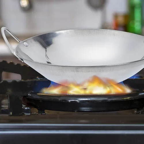 Miniatura 9 de Yardwe Wok Sartén de acero inoxidable Stir Fry Sartenes de 8 pulgadas Olla caliente de hierro Sartén de hierro de doble mango Olla de cocina china