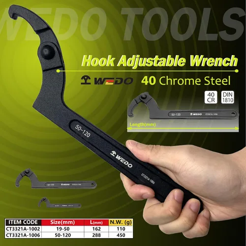 Miniatura 2 de WEDO Juego de 2 llaves de gancho ajustables en C, llave de gancho ajustable, acero cromado 40, forjado, par fuerte, alta resistencia, resistencia al