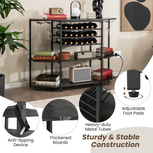 Miniatura 6 de COSTWAY Armario para bar de vinos, gabinete de licor de 3 niveles con tomas de corriente, estantes para botellas de vino, soportes de vidrio, Gris