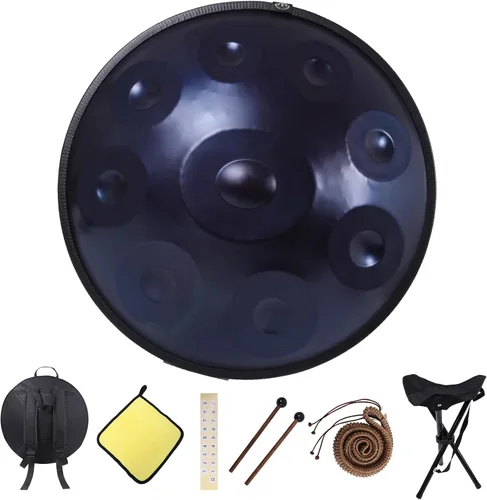 Miniatura 12 de Kurd Handpan 22" D Minor - Tambor de mano de 9 notas para rendimiento profesional, sonido de 440 Hz, incluye paño, soporte Dorado-9 Notas