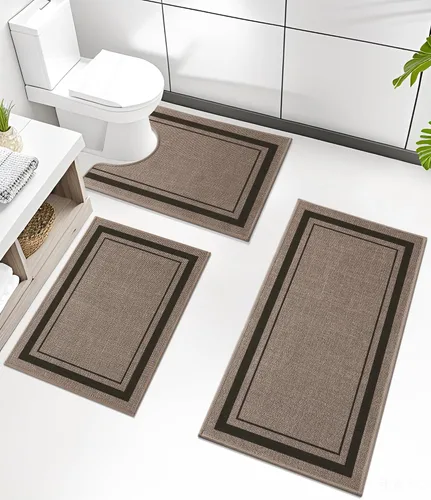 Miniatura 53 de chakme Juego de 2 alfombras de baño ultrafinas, absorbentes, antideslizantes, lavables a máquina, color beige oscuro, 17 x 24 pulgadas + tapete