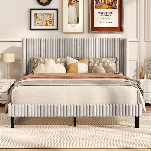 Miniatura 3 de Giantex Base de cama de terciopelo tamaño Queen, plataforma tapizada con cabecera vertical copetuda, base de colchón de soporte de listones