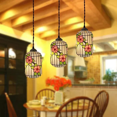 Lámpara colgante vintage de 1/3 luces, estilo rústico Tiffany, vitral, lámpara colgante para cocina, isla, comedor, cafetería, balcón, bar, lámpara