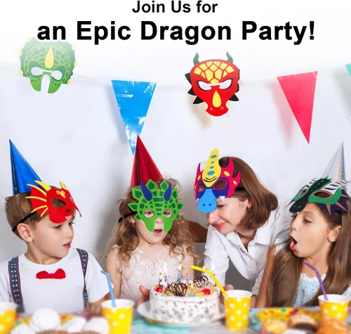 Miniatura 5 de iROLEWIN Paquete de 12 máscaras de dragón de fieltro para niños, recuerdos de fiesta, juguetes de dinosaurio, disfraces para niños y niñas, regalos