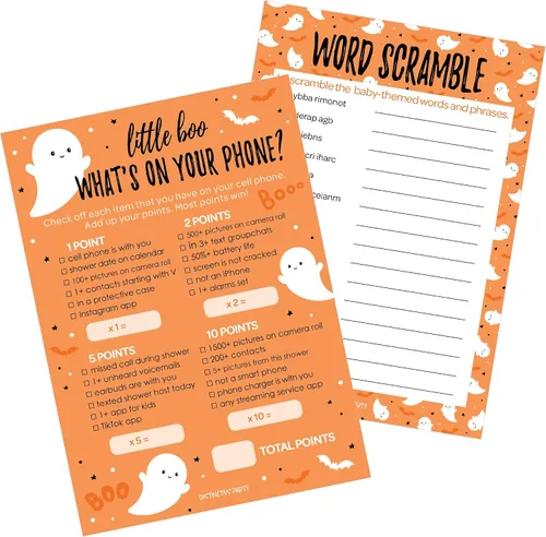 Miniatura 14 de DISTINCTIVS Blue Little Boo is Almost Due Halloween Boy Baby Shower Game Pack – 20 tarjetas de doble cara – Qué hay en tu teléfono y palabras