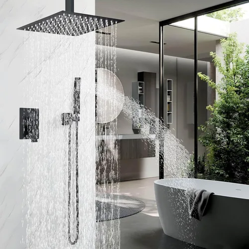 Miniatura 2 de Juego de grifo de ducha con sistema de ducha de lluvia de 10 pulgadas y rociador de mano, accesorios de ducha de baño dorado cepillado con válvula