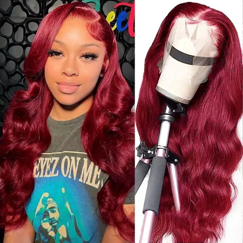 Miniatura 8 de ZGWG Pelucas de cabello humano con encaje frontal de color rojo, densidad del 180%, 13x6, 99J, pelucas de cabello humano virgen brasileño 12A