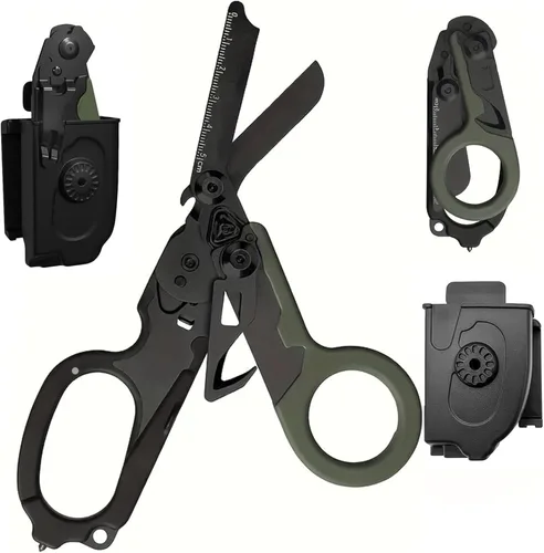 Miniatura 10 de Tijeras de trauma multifuncionales 6 en 1 plegables con funda negra, entornos extremos respuesta de emergencia, trauma cizalla para enfermeras, Negro