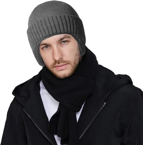 Miniatura 2 de Muryobao Gorro de punto con puños, cálido invierno con forro polar para hombre, gorro de acrílico suave
