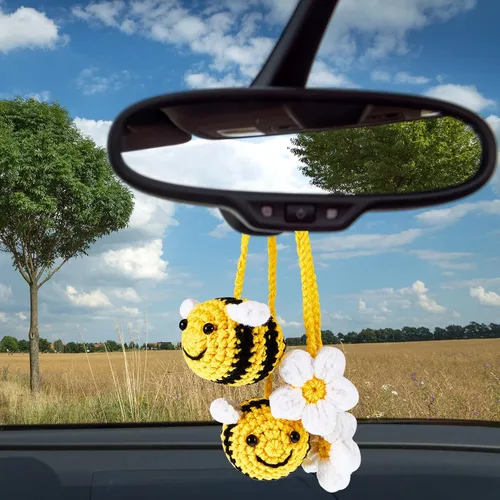Miniatura 7 de 4 piezas de lindos accesorios para espejo retrovisor de abeja y flor, decoración de coche de ganchillo, accesorios para espejo de coche tejidos a