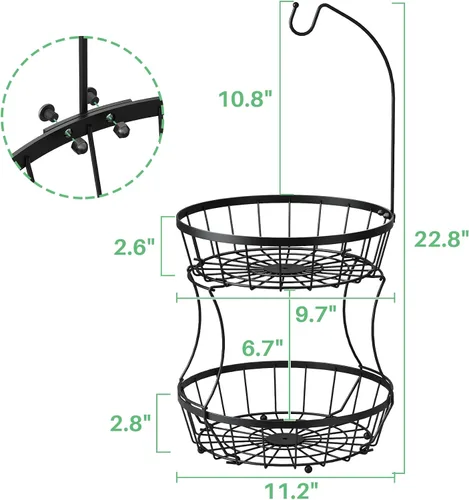 Cesta de frutas de 2 niveles con soporte para plátano apilable, almacenamiento de verduras con soporte de árbol de plátano para encimera de cocina,