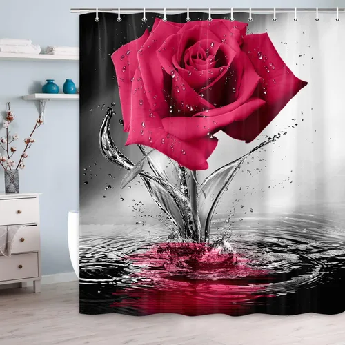 Miniatura 17 de JAWO Cortina de ducha con diseño de rosas, románticas flores y rosas rojas reflejadas en el agua, cortina de baño de tela, cortina de baño negra