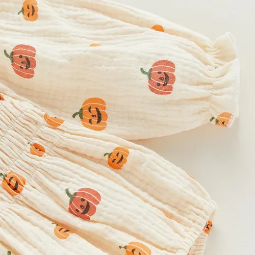 Miniatura 6 de Traje de Halloween para bebé recién nacida, disfraz de calabaza de manga larga de algodón y lino, enterizo con diadema