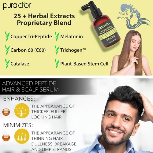 Miniatura 3 de PURA D'OR Advanced Hair & Scalp Serum 3.38 oz – Para adelgazamiento del cabello con triple péptido de cobre, cafeína, mezcla de extracto botánico