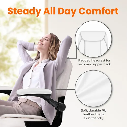 Miniatura 4 de NEO CHAIR Silla de escritorio para oficina y computadora, silla ejecutiva ergonómica de respaldo medio de cuero para juegos con apoyabrazos Blanco