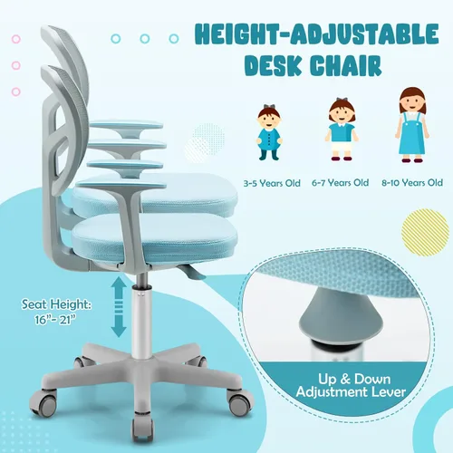 Miniatura 4 de HONEY JOY Silla de escritorio para niños, silla de estudio para niños de altura ajustable, silla giratoria de malla para estudiantes, ruedas Azul