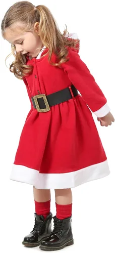 Miniatura 7 de Lilax Vestido rojo con capucha y cinturón navideño para niñas pequeñas, Rojo