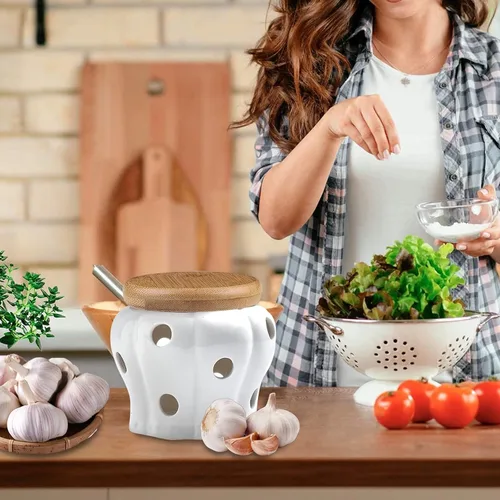 Miniatura 8 de MEKBOK Garlic Keeper,Garlic Keeper para mostrador,Contenedor de ajo ventilado blanco,Contenedor de almacenamiento de ajo de cerámica con tapa