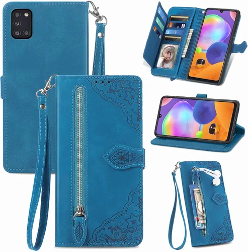 Compatible con Samsung Galaxy A31 - Funda tipo cartera con correa para la muñeca y soporte de cuero para tarjetas, accesorios para celular, funda