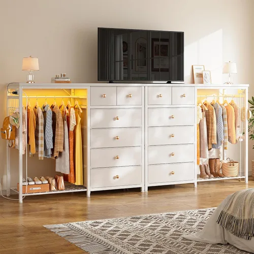 Miniatura 6 de EnHomee Cómoda blanca de 125 cm de ancho para dormitorio con estante colgante, cómoda de 6 cajones con luces LED y estación de carga, cómodas