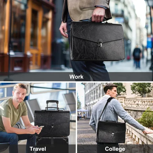 Miniatura 2 de ESTARER Maletín de cuero para hombre de 17.3 pulgadas, bolsa de mensajero para computadora portátil, resistente al agua, para trabajo, oficina, Negro