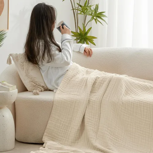 Miniatura 3 de Love's cabin - Manta de muselina de 6 capas 100% algodón, 90"x90", manta de muselina tamaño queen para sofá o cama, de algodón de gasa ligera y Beige