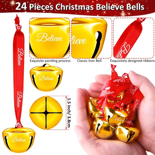Miniatura 2 de 24 adornos de campana de Navidad de 1.5 pulgadas, cascabeles polares de Papá Noel con cinta Believe, decoraciones de árbol de Navidad