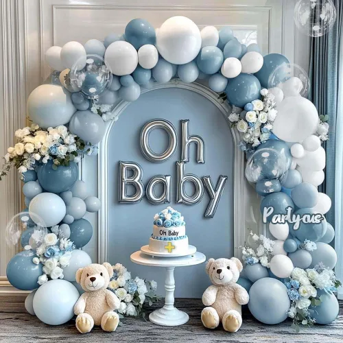 Miniatura 8 de Kit de arco de globos de látex azul polvoriento, blanco, mate, para baby shower, cumpleaños, boda, verano, fiesta bajo el mar Polvo Pastel Azul