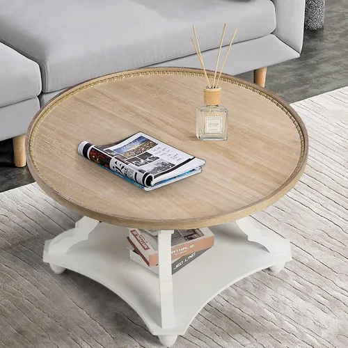 Miniatura 6 de Wnutrees - Mesa de centro redonda de estilo granja, mesa de café con bandeja de madera y estante de almacenamiento de estilo rústico con acabado